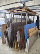 Steel stock rack and contents to include various lengths, thicknesses of steel, copper, brass