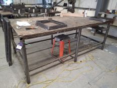 Inhouse fabricated workbench with steel frame and wooden top, 8ft(L) x 4ft(W) x 3ft(H)