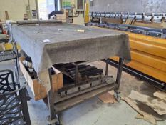 Mobile steel workbench with carpeted top and wooden top 8ft x 4ft x 1150(h)