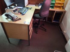 Wood effect desk with inbuilt 3 drawer pedestal and 90° extension plus operators chair