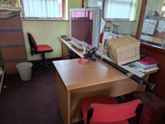 Office and contents to include 2 x desks, 4 drawer filing cabinet, Quantity of operators chairs,