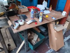 Steel legged wooden topped workbench to include manual banding station, pallet wrap etc.