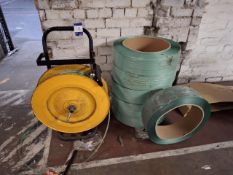 Banding reel dispenser and 6 rolls of plastic banding to include quantity of lapover seals