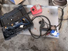 2 stainless steel shelves, space heater, tread cutter and Macallister reciprocating saw