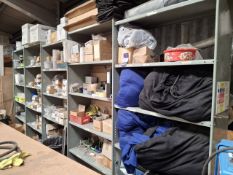 5 bays of steel shelves and contents to include nuts, bolts, fixtures etc.