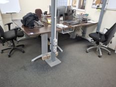 3 x Steel legged laminate topped desks and 3 x operators chairs
