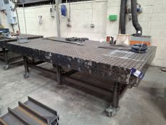 Steel mobile welding workbench with adjustable height legs, 10mm thick laser cut jig holes and sides