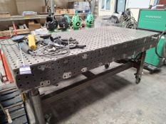 Steel mobile welding workbench with adjustable height legs, 10mm thick laser cut jig holes and sides