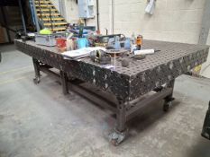 Steel mobile welding workbench with adjustable height legs, 10mm thick laser cut jig holes and sides