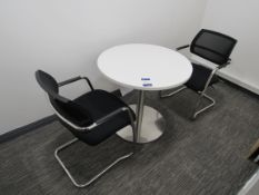 Round meeting table white 800mm with 2 upholstered chrome framed meeting chairs