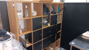 Oak effect shelving unit & contents