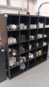 Wood effect shelving units & contents of crockery