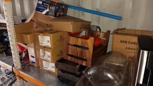 Contents of shelf to include assortment of Churchill crockery, glassware, paper towel dispensers,