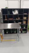 Wood effect shelving unit & contents of crockery, BTL & Adexa stainless steel topped food prep table