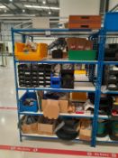 Bay of boltless steel shelving and contents including Yale YBF-09 tool balancer and consumables –
