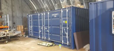 Shipping container with side and end opening (approx. 20ft x 8’6” high). YoM: 2018. Plug socket