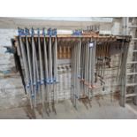 Approximately 100 x various clamps with wooden storage rack