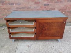 Dark Wood Mini Bar Credenza with Glass Drawers.