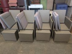 Folding Wicker Style outdoor chairs. Cushions sunbleached and faded. Set of 4 with stools