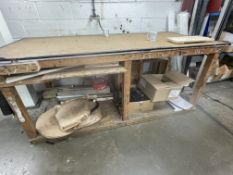 Timber bench, vice, misc. fixings, low steel cupboard and a filing cabinet