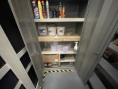 Large steel 2 door cupboard and misc. cleaning materials