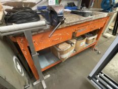 Wooden bench and vice, 2 steel cupboards, fabrication components and steel trolley