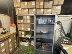 Steel 2 door cupboard and 37 boxes misc. plastic packers