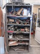 7 tier rack and contents to include welding rods, grinding discs, cable, door handles, welding