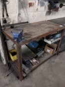 In house fabricated steel workbench with multi position vice, length 1260mm, depth 600mm, height