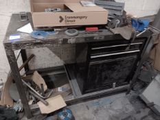 In house fabricated steel workbench with 2 drawer tool chest and vice