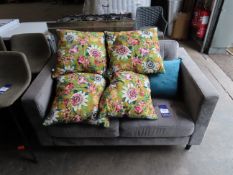 A Grey Fabric 2 Seater Sofa and Various Pillows