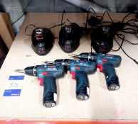 2 x Bosch GSB-12v drills & Bosch GSR-12v drill with 6 x batteries and 3 x chargers