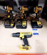 3 x Dewalt DCF787 brushless 18v drills with 3 x Dewalt chargers, 5 x batteries & Dewalt DCD776