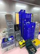 Qty Plastic Crates, Tools, Lab Equipment Etc