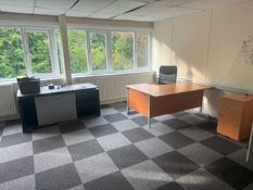 4x Desks, 5x Chairs, 3x Drawer Units and a Dark Wood Sideboard.
