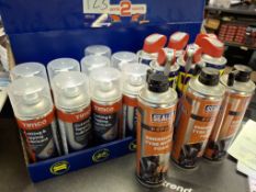 6 WD40, 9 Timbo lubricants & 2 Sealey tyre emergency repairing foam