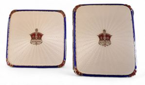 A silver and guilloche enamel Coronation cigarette case and compact, the covers with an enamel St.