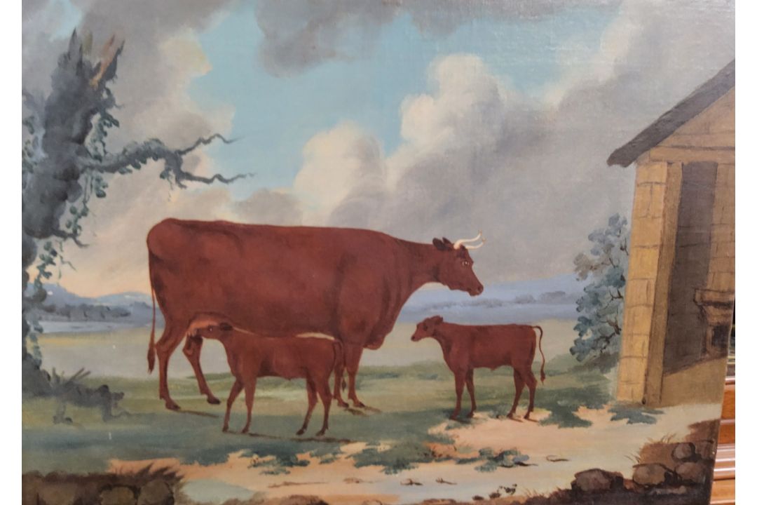 English Journeyman School (19th century), Cow and Two Calves, by a barn, oil on canvas, 38cm x 62cm,