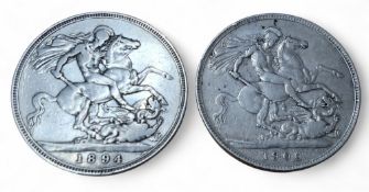 Numismatics –  a Victorian crown, veiled head, dated 1894; another 1900