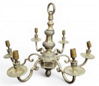 A heavy silvered six light six branch ceiling light, S-scroll arms, the column cast with stylised