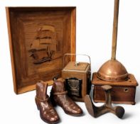 A pair of leather jodhpur boots;  shoe lass;   biscuit barrel;  brass Persian tray;   fire guard;