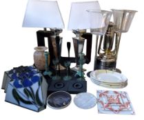 A pair of modern Art Deco style table lamps, white shades, each standing 60cm high; a  large pair of