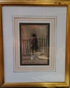 After L S Lowry, Figure by the Rails, bears signature, mixed medium, 17cm x 12cm