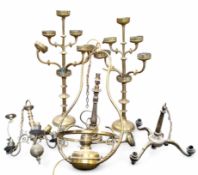 Lighting - a pair of ecclesiastical Gothic brass candelabra in need of restoration, table lamp, etc