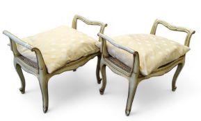 A pair of Louis XVI style window seats, in duck egg blue picked out in gilt,  bergere seats, 54cm