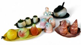 A Carlton Ware three piece cruet set, in the form of an apple, pear and lemon;  others, crinoline