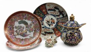 A Japanese Imari charger, typically decorated, 33.5cm diam;   a pair of Chinese plates, decorated