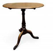 A 19th century oak oval tilt top occasional table, turned column, cabriole legs, pad feet, 72cm
