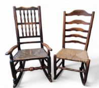 A mid 19th century country rocking chair, five turned vertical spindles, outswept arms, rush seat,