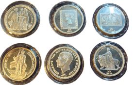 Six silver Milestones of the Millennium coins, The Penny Black, The Three Graces, George V's